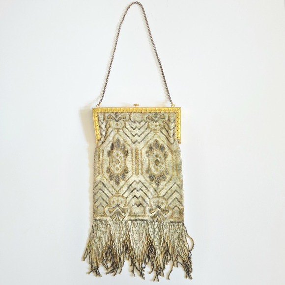 Vintage French Gold Color Beaded Purse Evening Bag W/ Fringe Retro Glam - Picture 6 of 8